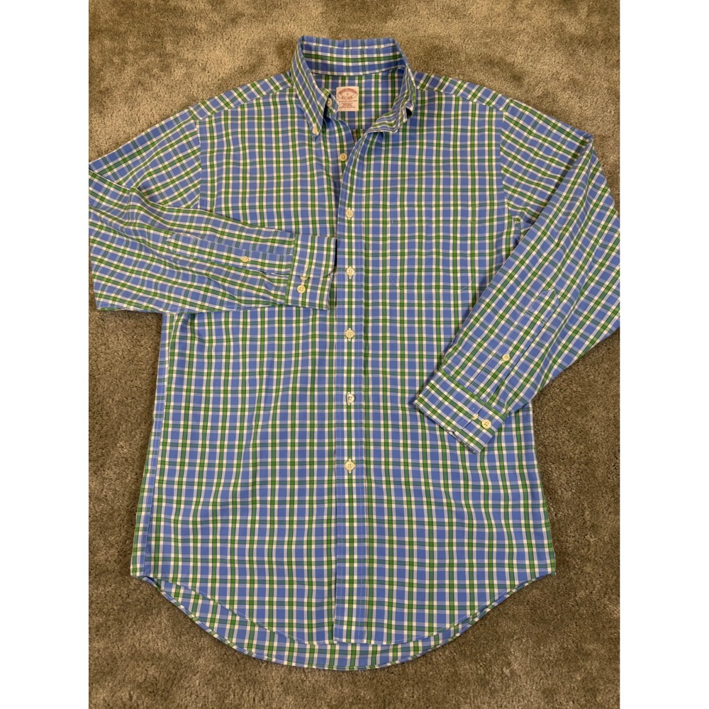 Brooks Brothers Mens Non-Iron Regular Fit Plaid Button Down Shirt Blue Green S